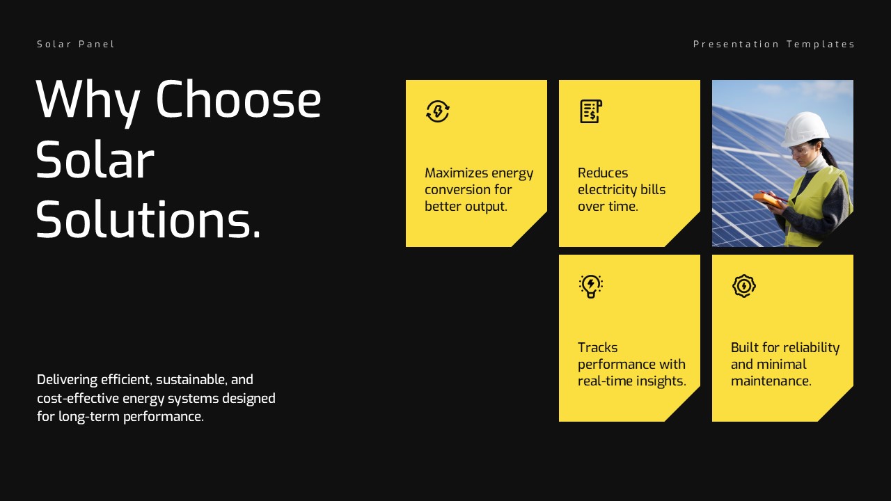Solar Panel Thank You Contact Template - Closing slide with yellow Get in Touch header and four contact detail cells