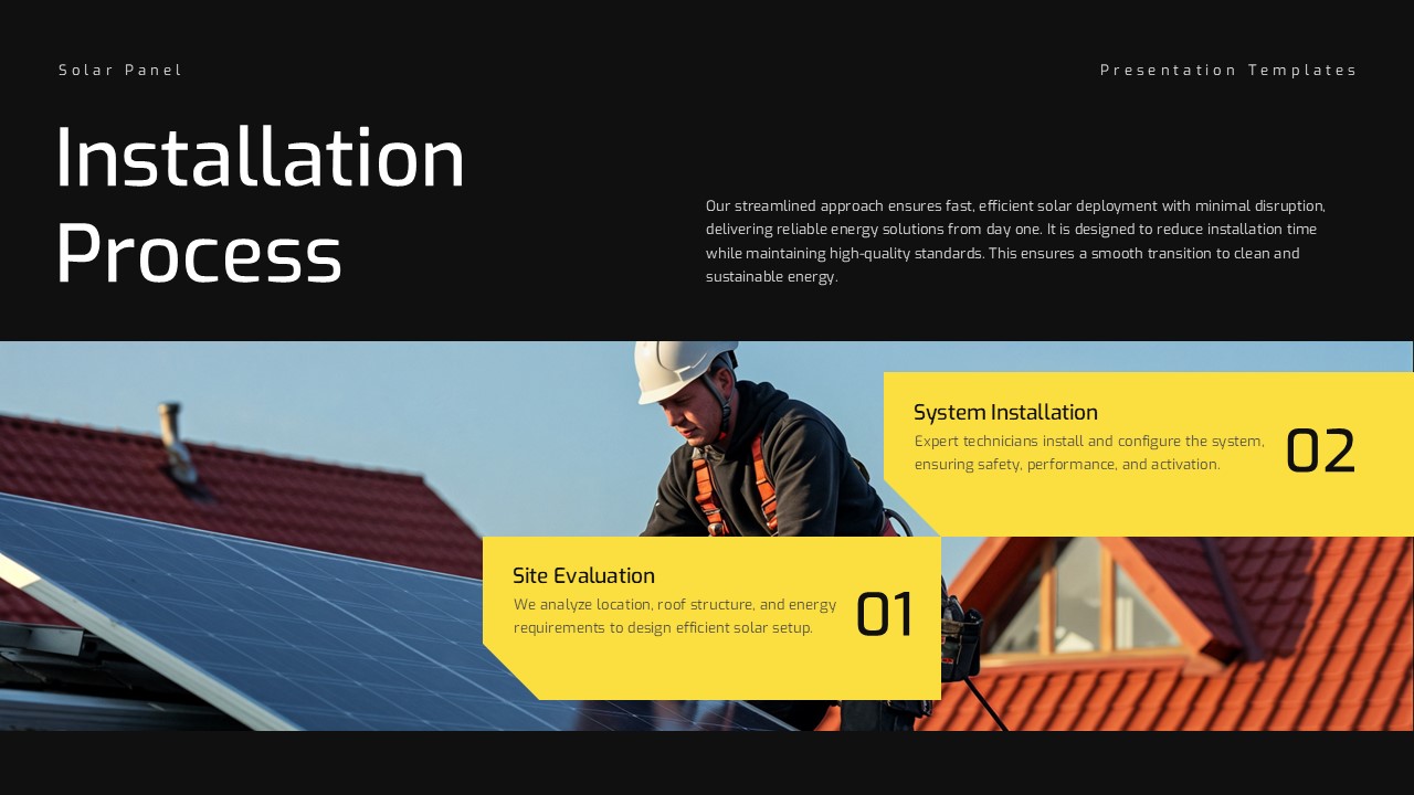 Solar Panel Why Choose Solar Solutions Template - Benefits grid with three yellow feature cards and one photo card