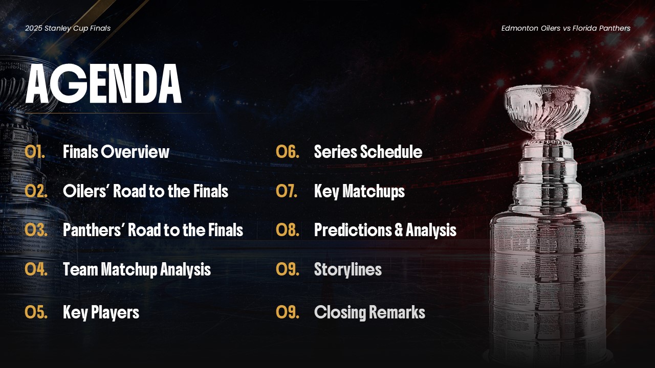 Stanley Cup Finals Agenda - Clean numbered list with cosmic background and Stanley Cup trophy visual balance
