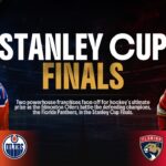 Stanley Cup Finals Cover - Split-screen cosmic design featuring Oilers vs Panthers with championship trophy centerpiece