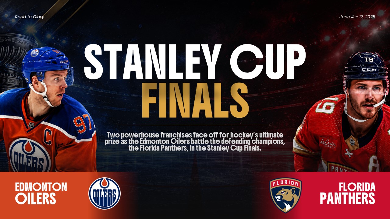 Stanley Cup Finals Cover - Split-screen cosmic design featuring Oilers vs Panthers with championship trophy centerpiece