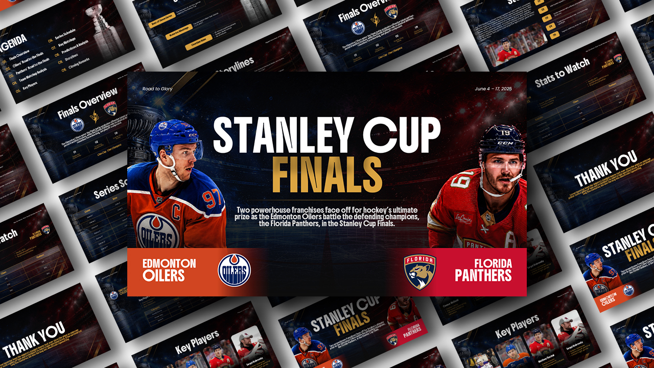 Stanley Cup Finals Template - Collage showcasing slides with cosmic design, player photos, and championship branding