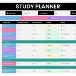 Study Planner Template - daily schedule table with time blocks, color-coded activities, and academic task tracking