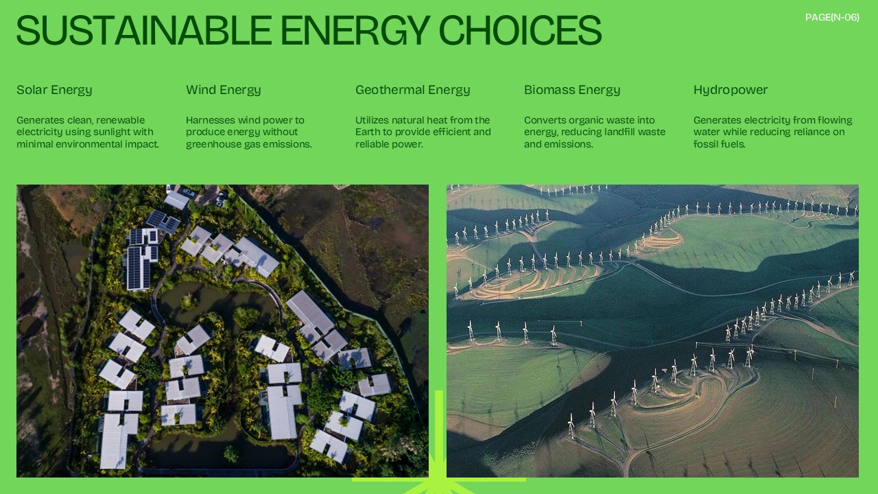 Sustainable Living Energy Choices Slide - 5-column category grid with solar and wind farm photos on lime green background