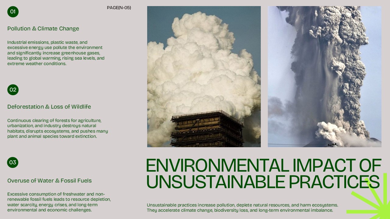 Sustainable Living Environmental Impact Slide - 3-item vertical problem list with industrial emissions photography