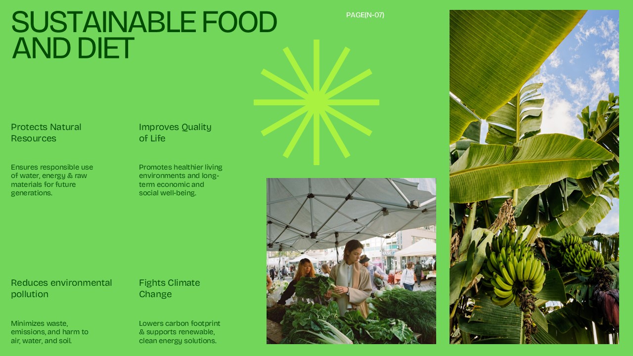 Sustainable Living Food Slide - 2x2 benefits grid with farmers market and tropical plant photos on lime green background