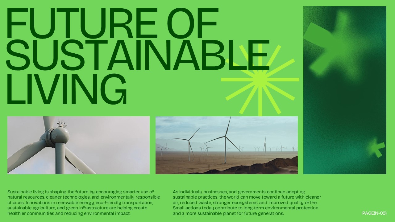 Sustainable Living Future Outlook Slide - large display headline with two-column body text and wind turbine photography