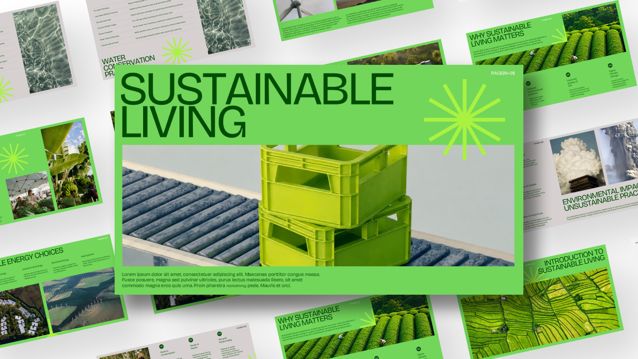 Sustainable Living Google Slides Template - full deck preview showing 10 slides in neon green and warm beige layouts