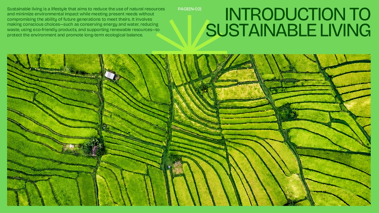 Sustainable Living Introduction Slide - split layout with bold heading, body text, and aerial rice terrace photograph