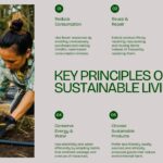 Sustainable Living Principles Slide - 6-point numbered framework grid with vertical lifestyle photo on warm beige background