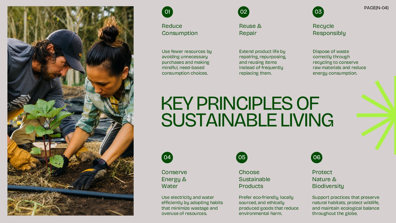 Sustainable Living Principles Slide - 6-point numbered framework grid with vertical lifestyle photo on warm beige background