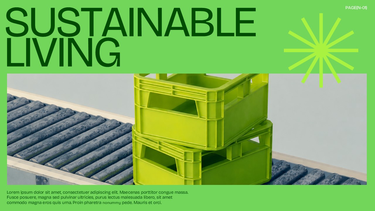 Sustainable Living Template - cover slide with bold neon green background, large headline, and 3D product photo