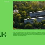 Sustainable Living Thank You Slide - closing slide with bold display text, aerial forest photo, and starburst decorative elements