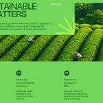 Sustainable Living Benefits Slide - 4-column numbered grid with icons, headings, and landscape photo band