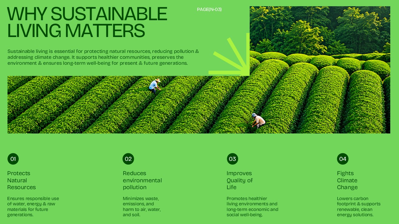 Sustainable Living Benefits Slide - 4-column numbered grid with icons, headings, and landscape photo band