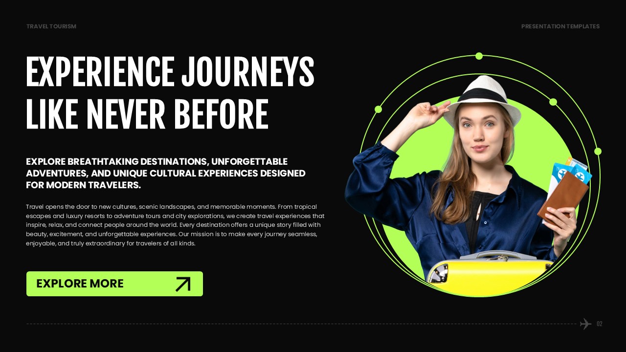 Travel Tourism Template - Introduction slide to present your travel brand's philosophy and value proposition