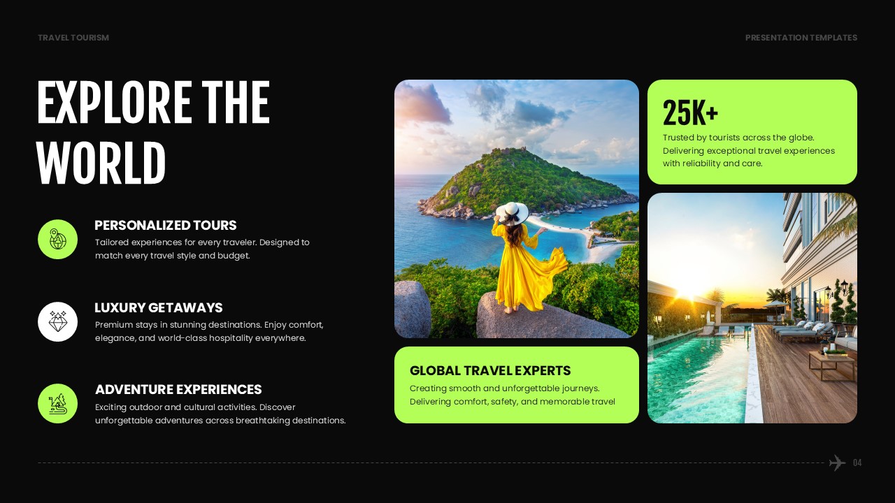 Travel Tourism Template - Services slide to showcase personalized tours, luxury getaways, and adventure packages