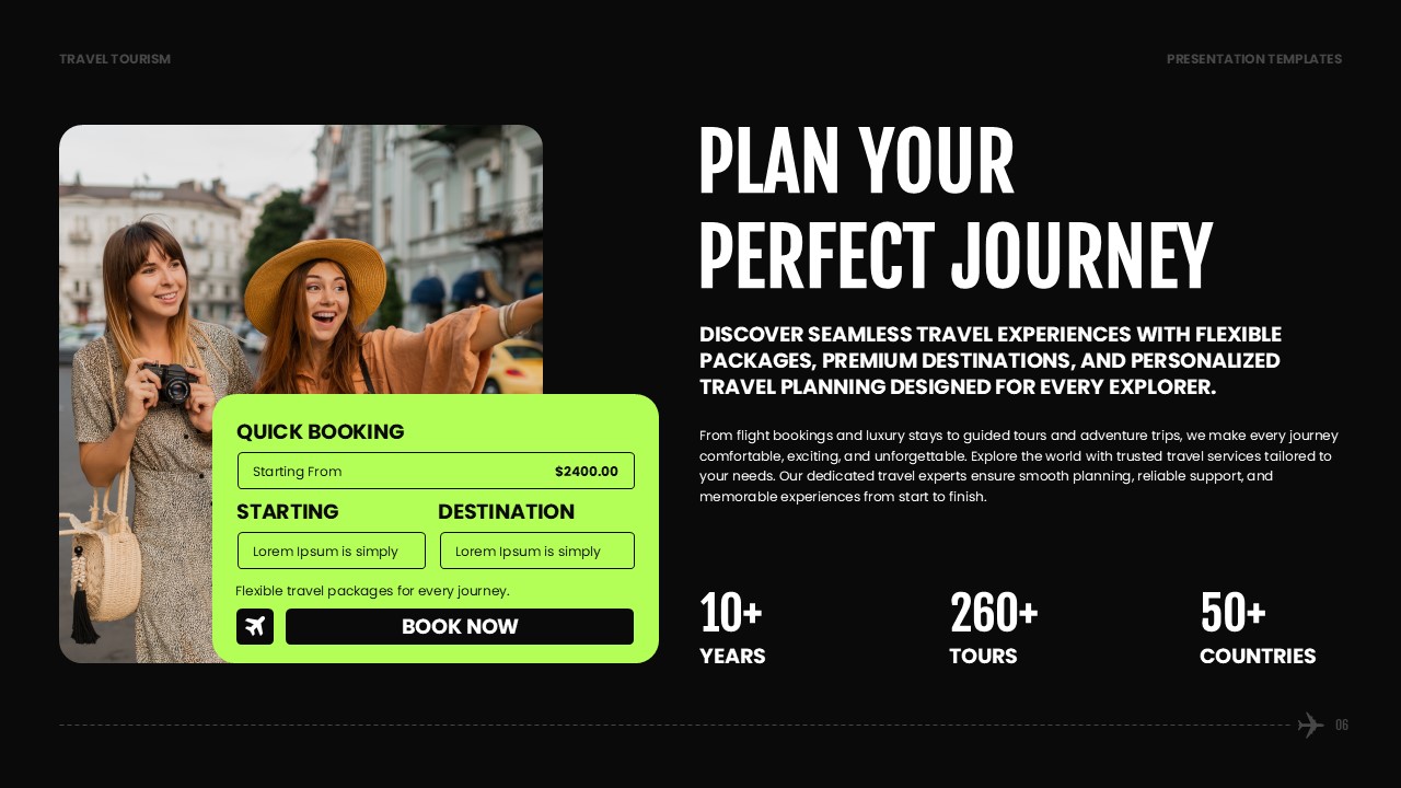 Travel Tourism Template - Booking CTA slide to drive conversions with a quick booking widget and key stats