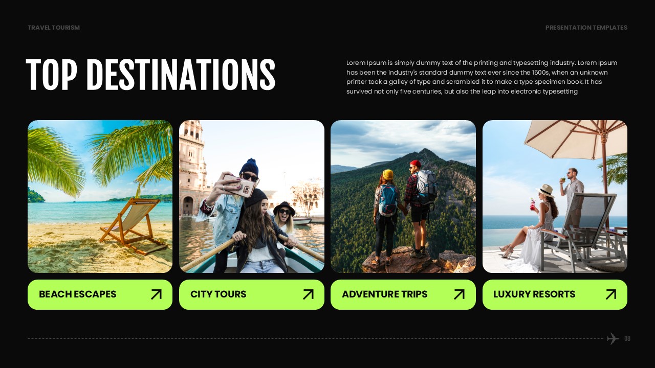 Travel Tourism Template - Destinations slide to showcase beach escapes, city tours, adventure trips, and luxury resorts