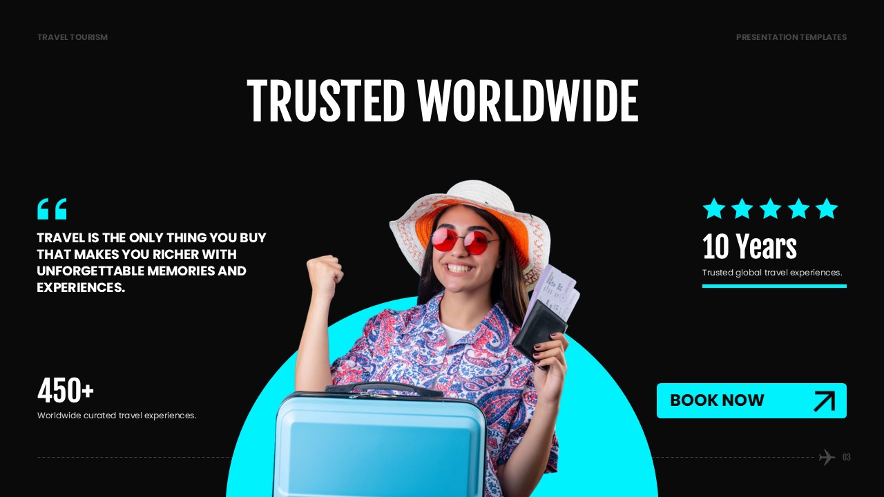 Travel Tourism Template - Social proof slide to build trust with experience stats, ratings, and testimonials