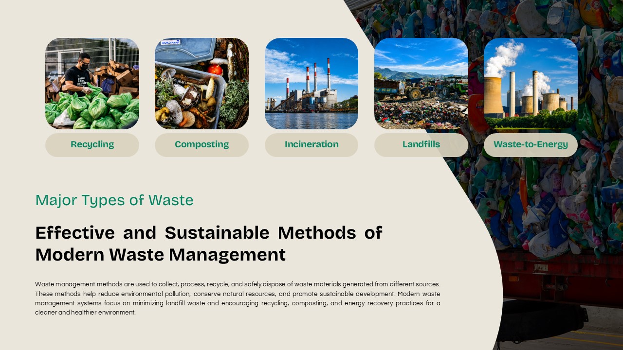 Waste Management Template - Methods slide to showcase recycling, composting, and waste-to-energy approaches