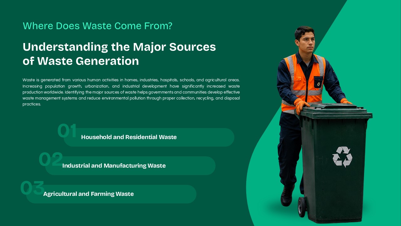 Waste Management Template - Sources slide to identify household, industrial, and agricultural waste origins