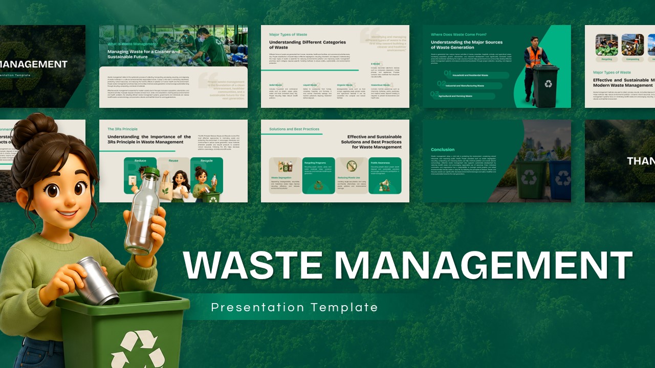 Waste Management Template - Professional green-themed slide deck for sustainability presentations