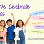 Welcome to Our Class - recognition slide with five pastel pill badges and celebrating children photo on cream background