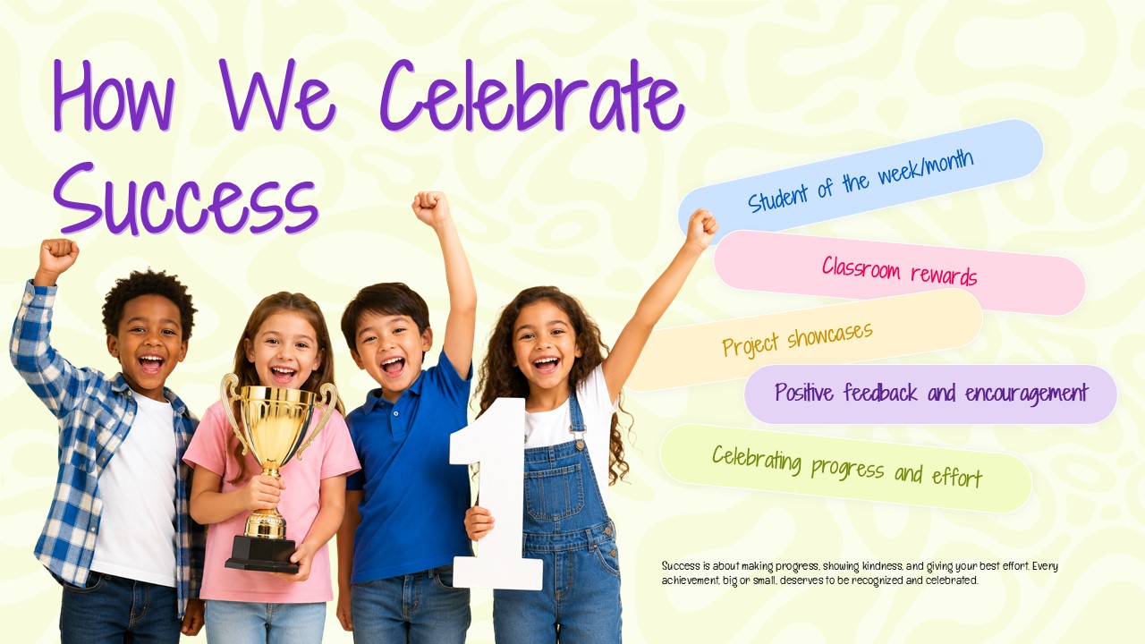 Welcome to Our Class - recognition slide with five pastel pill badges and celebrating children photo on cream background