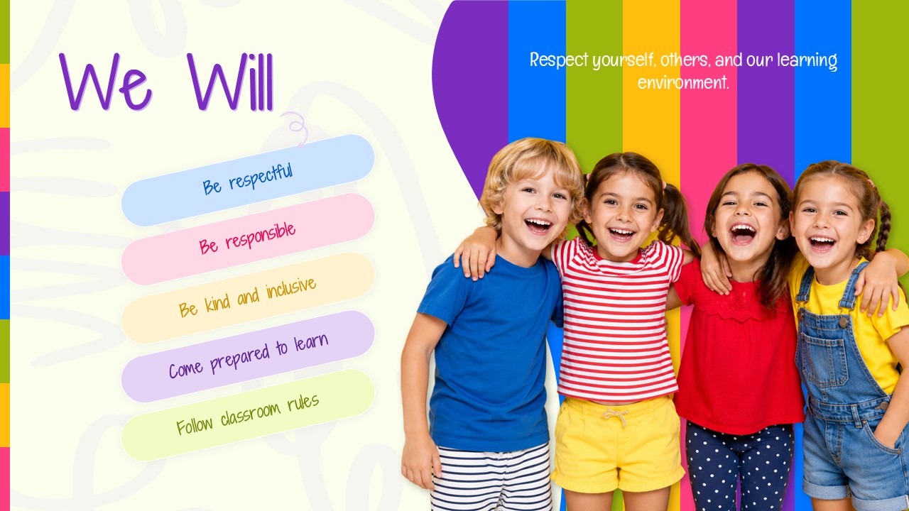 Welcome to Our Class - classroom expectations slide with five pastel pill badges and rainbow striped children photo panel