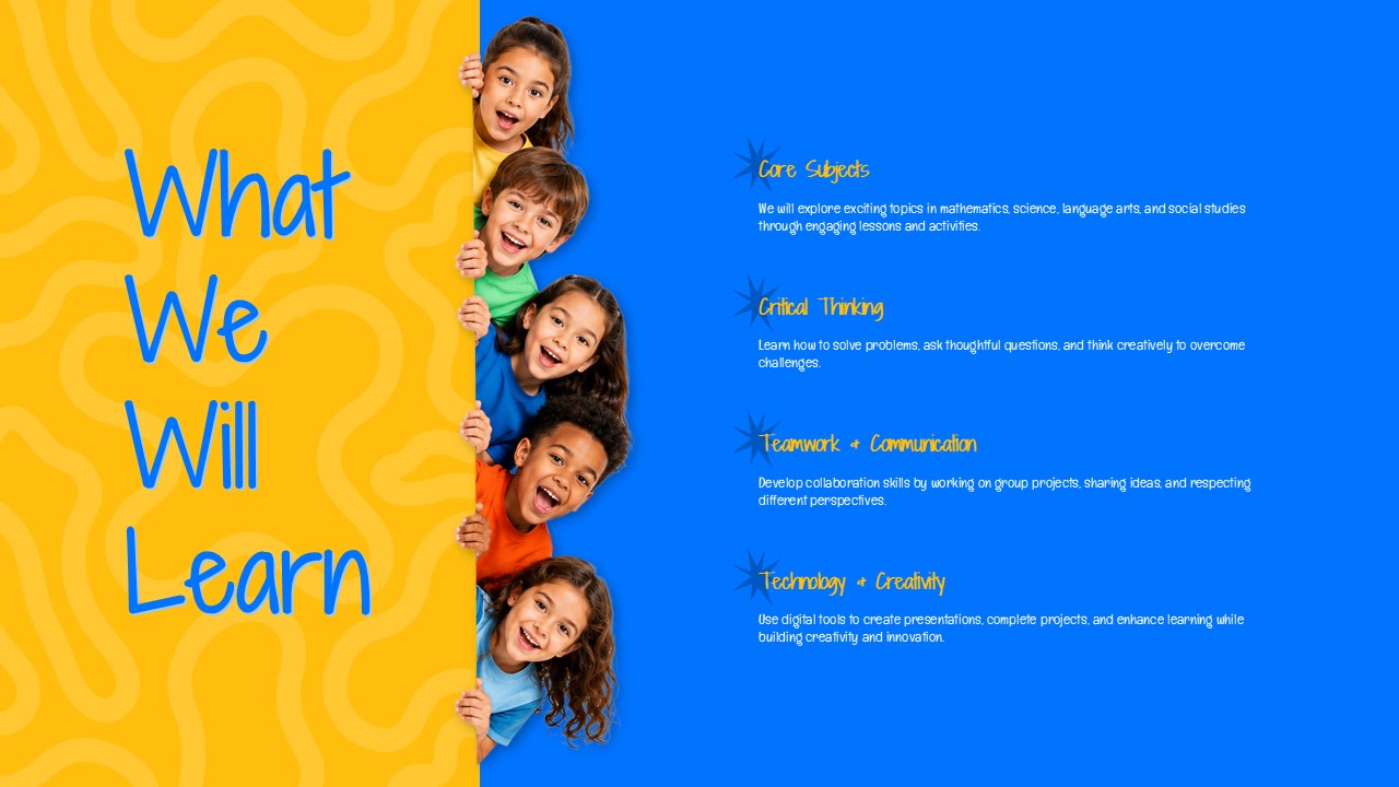 Welcome to Our Class - curriculum overview slide with yellow-blue split layout and four subject content blocks