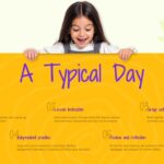 Welcome to Our Class - daily schedule slide with five numbered steps on a golden yellow panel and child peeking photo