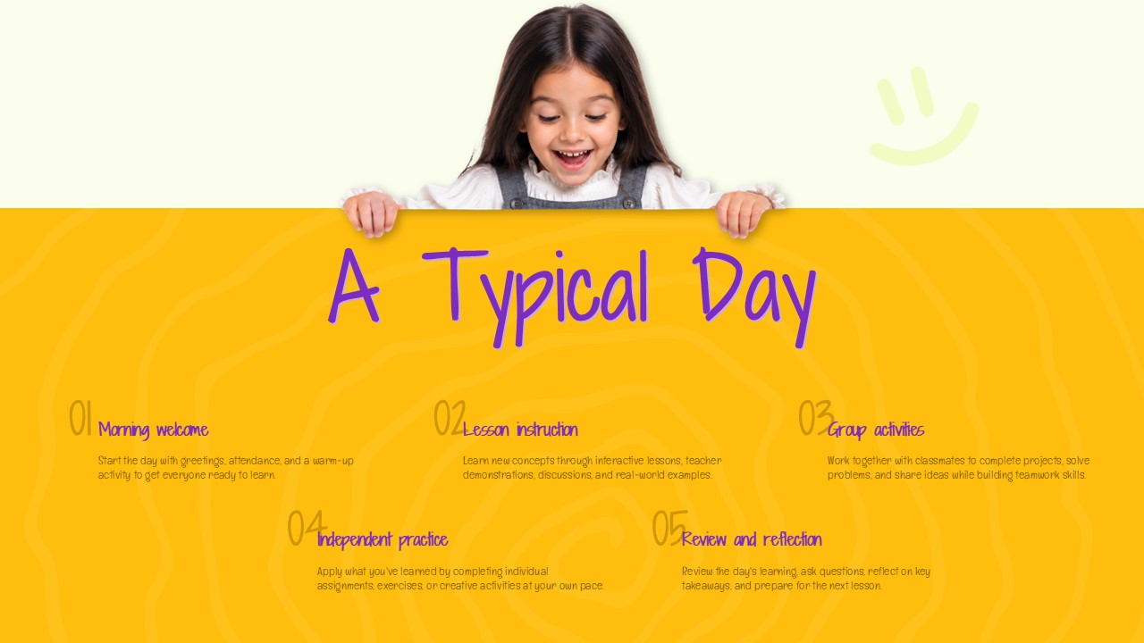 Welcome to Our Class - daily schedule slide with five numbered steps on a golden yellow panel and child peeking photo