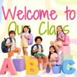 Welcome to Our Class Template - title slide with hot pink and lime green handwritten text, children photo, and 3D ABC letters