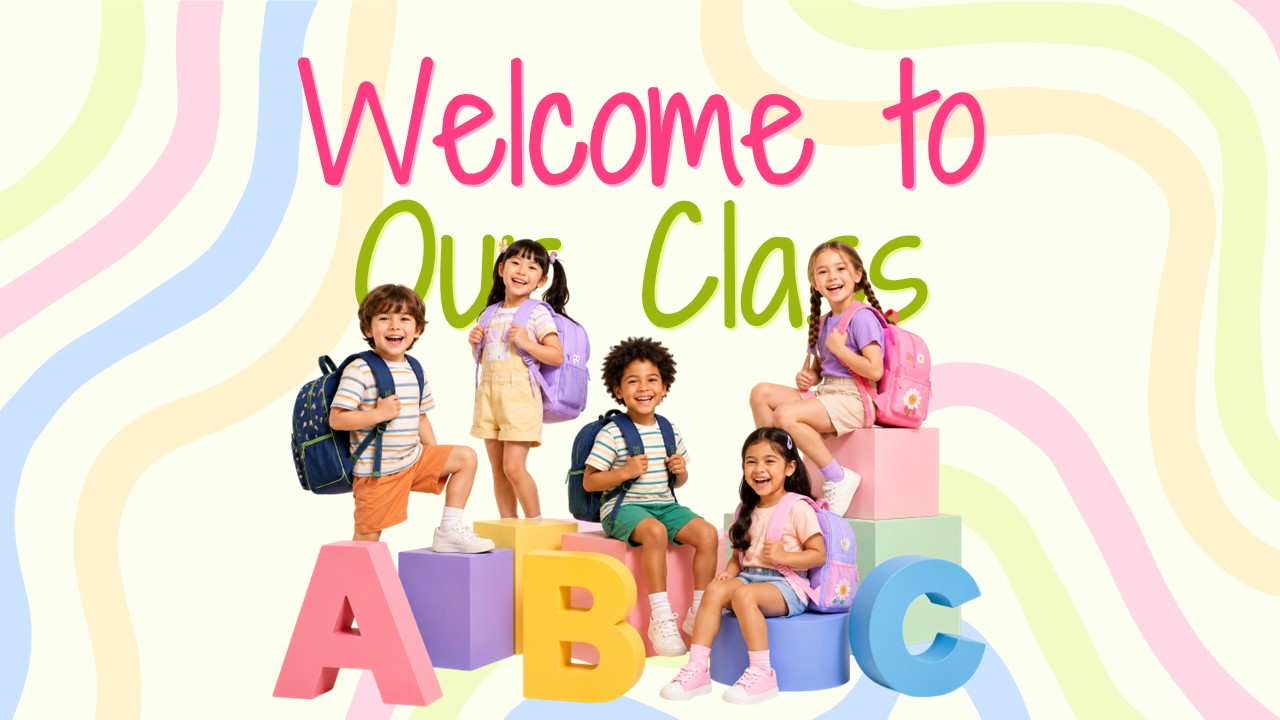 Welcome to Our Class Template - title slide with hot pink and lime green handwritten text, children photo, and 3D ABC letters