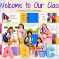 Welcome to Our Class Template - pastel grid preview of 11 slides with 3D ABC letters and children overlay