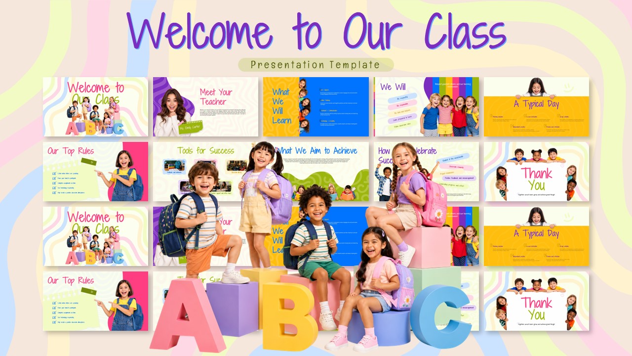 Welcome to Our Class Template - pastel grid preview of 11 slides with 3D ABC letters and children overlay