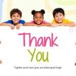 Welcome to Our Class - closing thank you slide with diverse children framing a white sign and pastel swirl background
