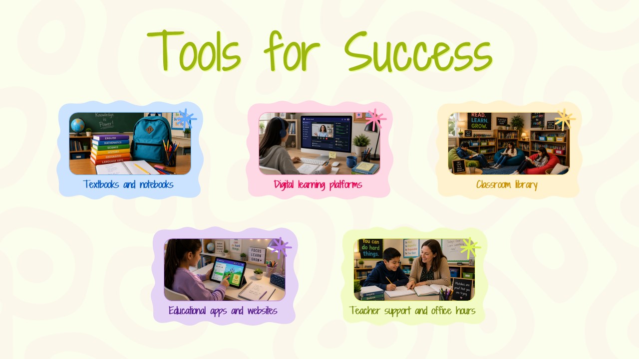 Welcome to Our Class - learning resources slide with five pastel photo cards in an asymmetric grid layout