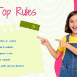 Welcome to Our Class - classroom rules slide with sticky note checklist, five blue checkbox items, and pink curved panel