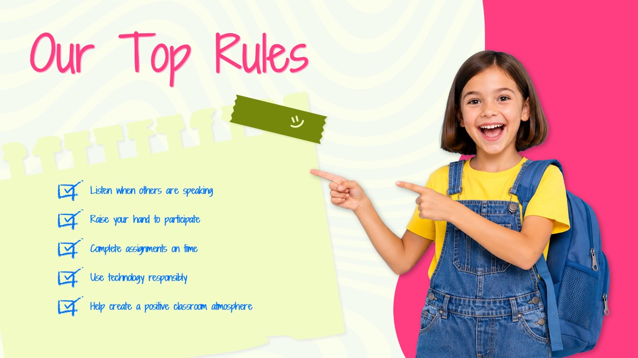 Welcome to Our Class - classroom rules slide with sticky note checklist, five blue checkbox items, and pink curved panel