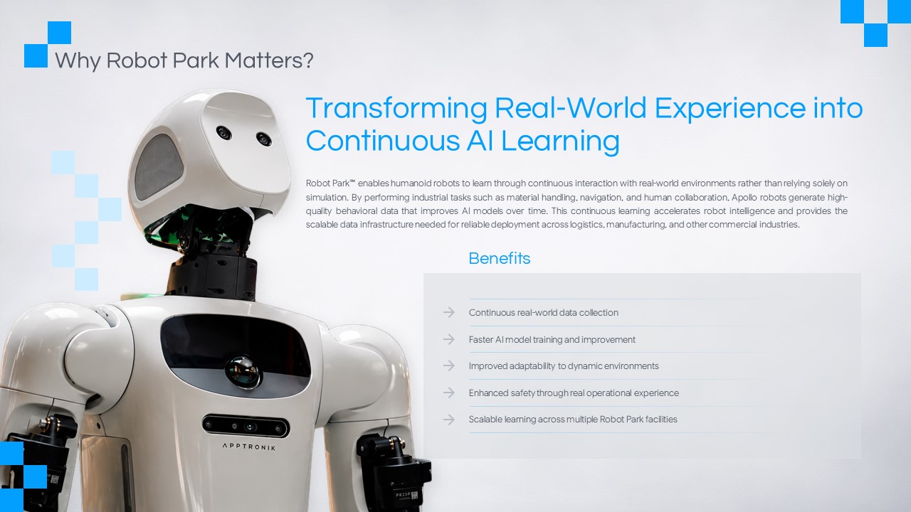 Apptronik Apollo Robot Features Template - Symmetrical dual-robot layout showcasing six modular humanoid capabilities