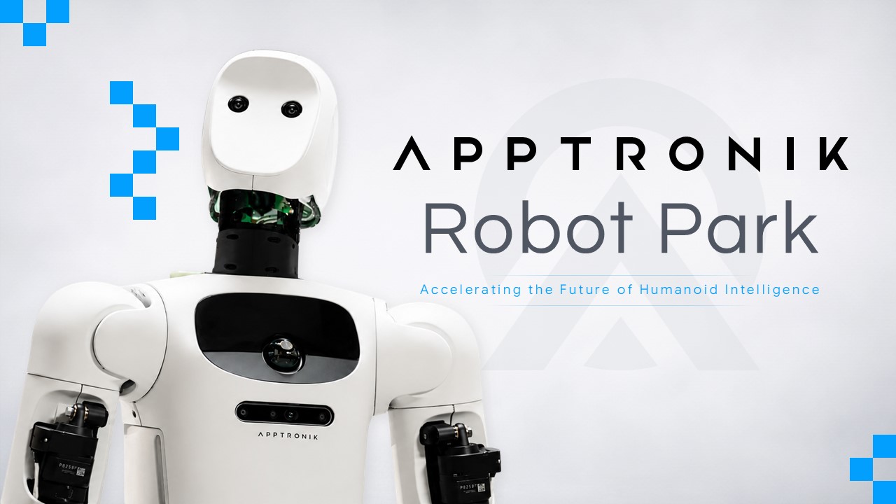 Apptronik Robot Park Google Slides Template - Split layout explaining scalable humanoid AI learning environment with facility photos
