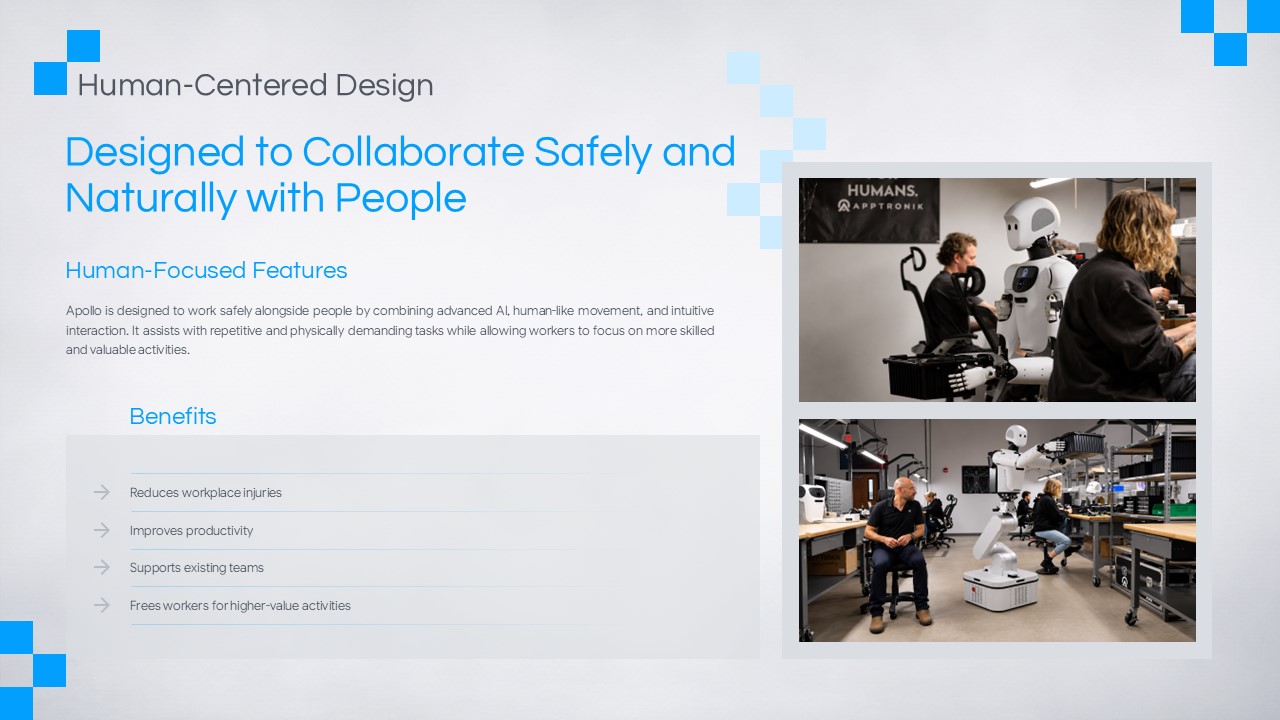 Apptronik Robot Park Platform Advantages Template - Closing summary slide with dual flanking robots and strategic vision content
