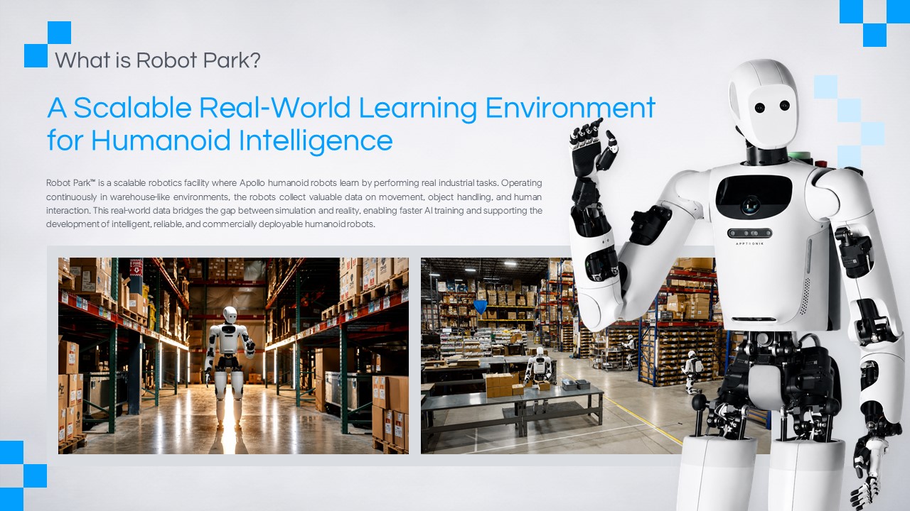 Apptronik Robot Park Why It Matters Template - Value proposition slide with five-benefit list and flanking humanoid robot image