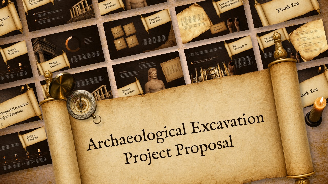 Archaeological Excavation Project Proposal Template - preview all 11 slides in one antiquarian-themed deck