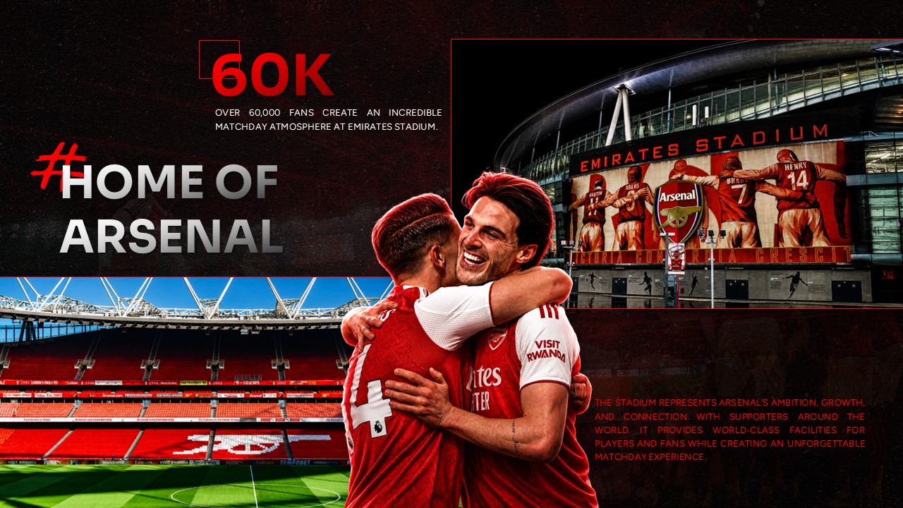 Arsenal Template - Achievements and future goals slide to present club trophies and strategic vision