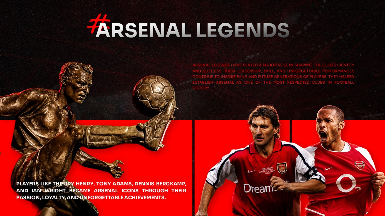 Arsenal Template - Manager profile slide to present Mikel Arteta's role and impact at the club