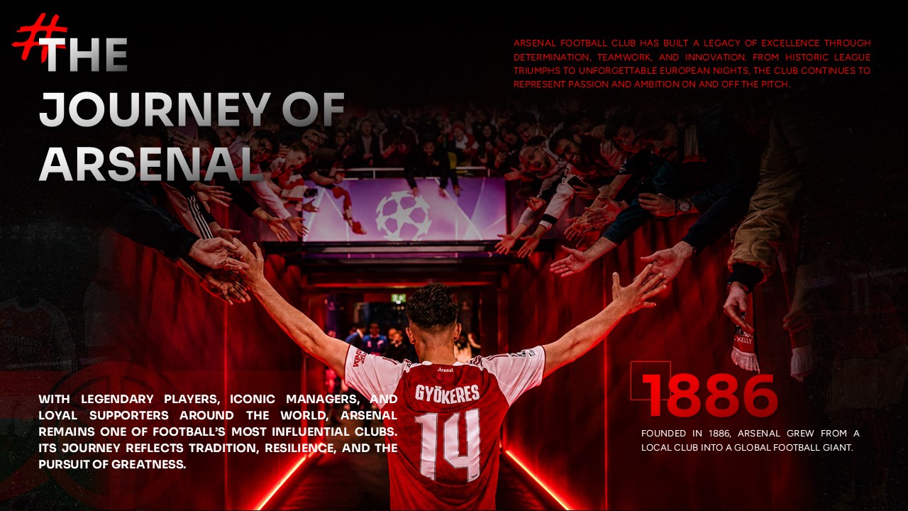 Arsenal Template - Emirates Stadium slide to showcase the home ground with stats and multi-image mosaic