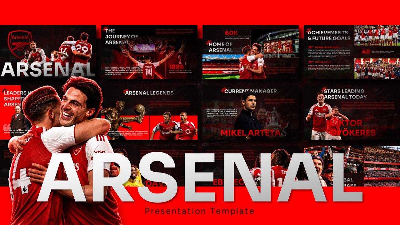 Arsenal Presentation Template - Full deck preview for football club presentations in Google Slides & PowerPoint